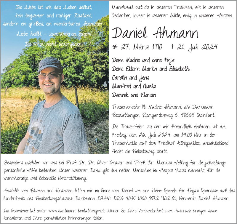  Traueranzeige für Daniel Ahmann vom 24.07.2024 aus 