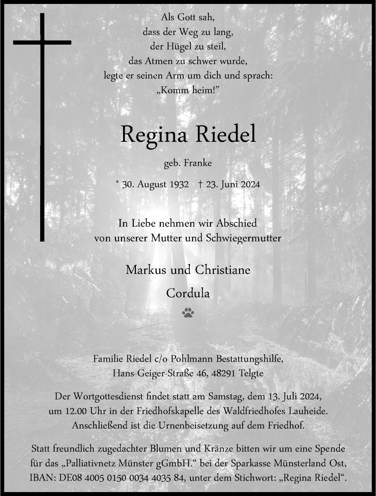  Traueranzeige für Regina Riedel vom 06.07.2024 aus 