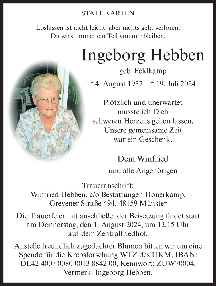  Traueranzeige für Ingeborg Hebben vom 27.07.2024 aus 
