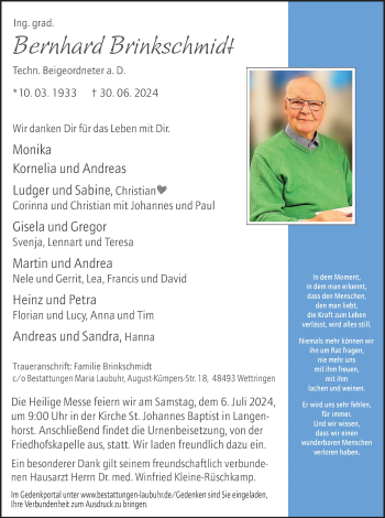 Anzeige von Bernhard Brinkschmidt 