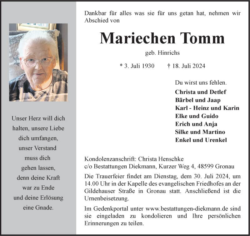 Traueranzeige für Mariechen Tomm vom 24.07.2024 aus 