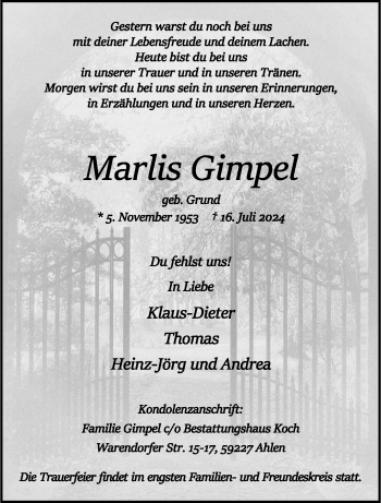 Anzeige von Marlis Gimpel 