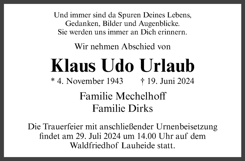  Traueranzeige für Klaus Udo Urlaub vom 24.07.2024 aus 