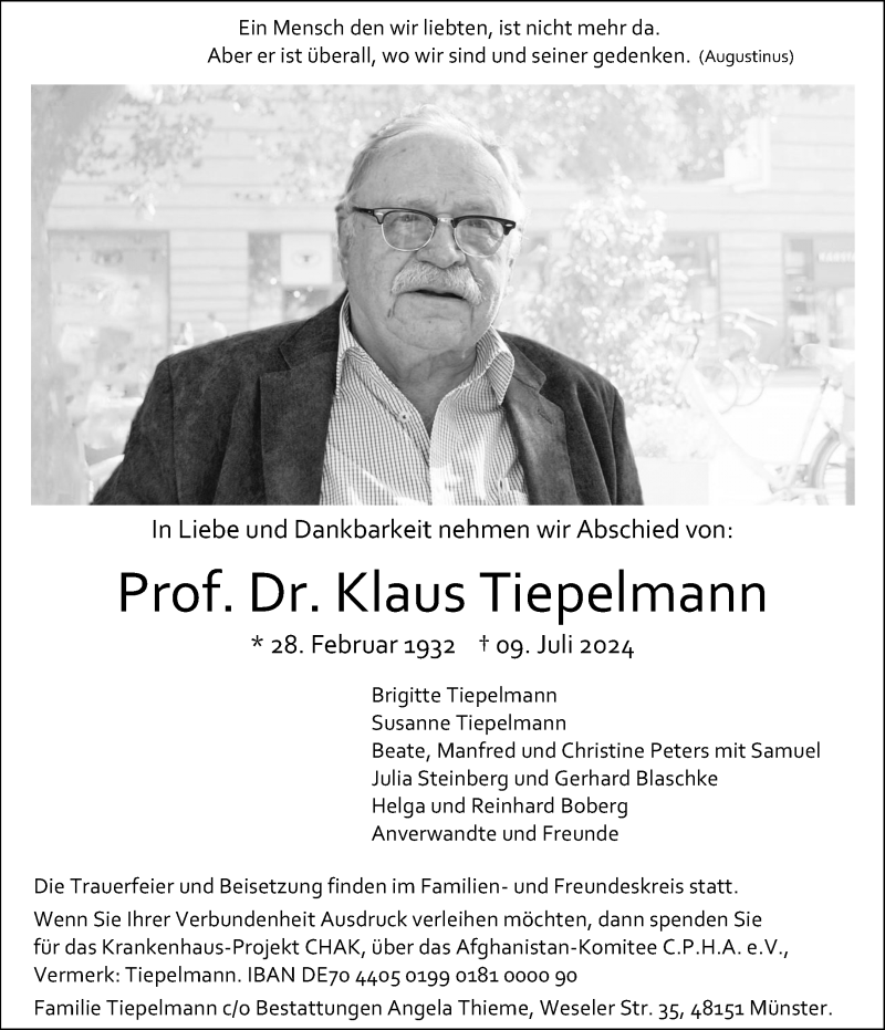  Traueranzeige für Prof. Dr. Klaus Tiepelmann vom 20.07.2024 aus 