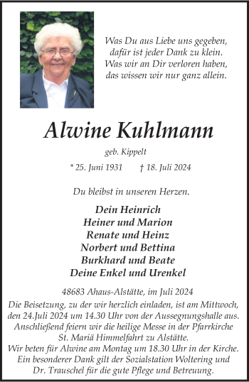 Anzeige von Alwine Kuhlmann 