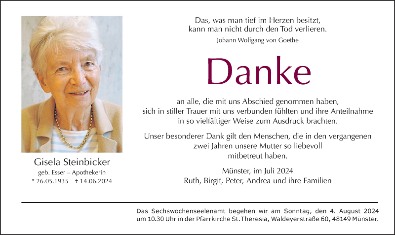  Traueranzeige für Gisela Steinbicker vom 27.07.2024 aus 