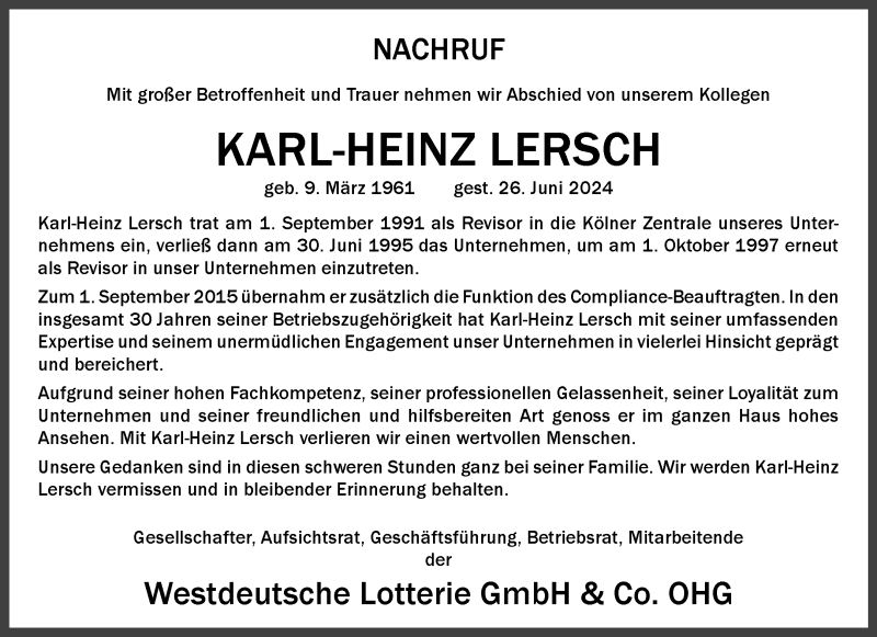  Traueranzeige für Karl-Heinz Lersch vom 13.07.2024 aus 