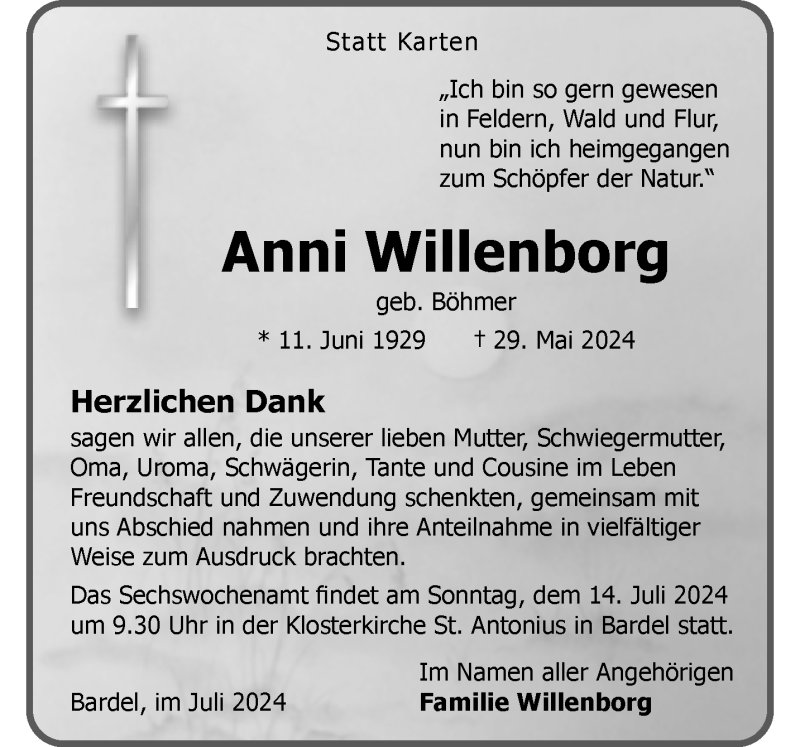  Traueranzeige für Anni Willenborg vom 06.07.2024 aus 