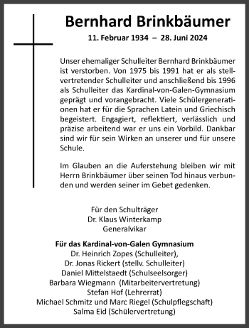 Anzeige von Bernhard Brinkbäumer 