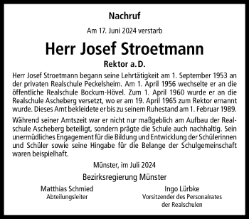 Anzeige von Josef Stroetmann 