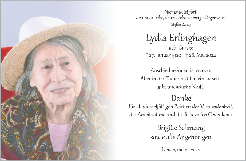  Traueranzeige für Lydia Erlinghagen vom 10.07.2024 aus 