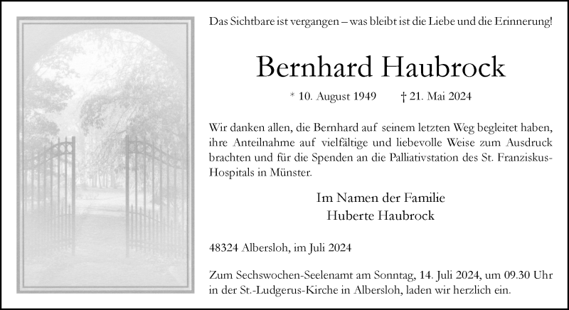  Traueranzeige für Bernhard Haubrock vom 06.07.2024 aus 
