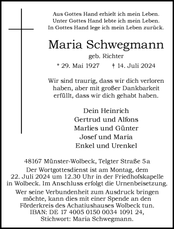 Anzeige von Maria Schwegmann 