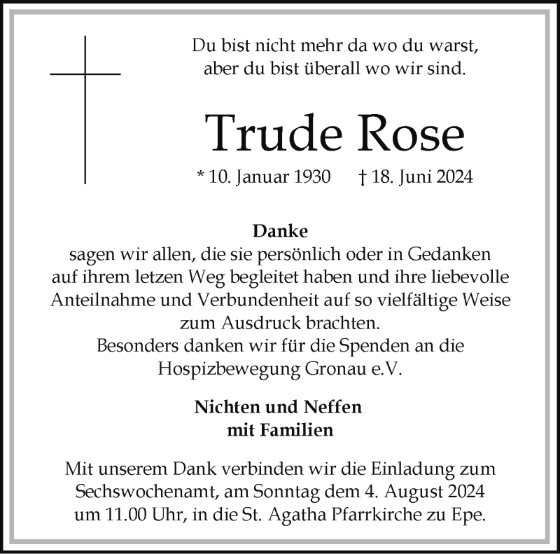  Traueranzeige für Trude Rose vom 31.07.2024 aus 