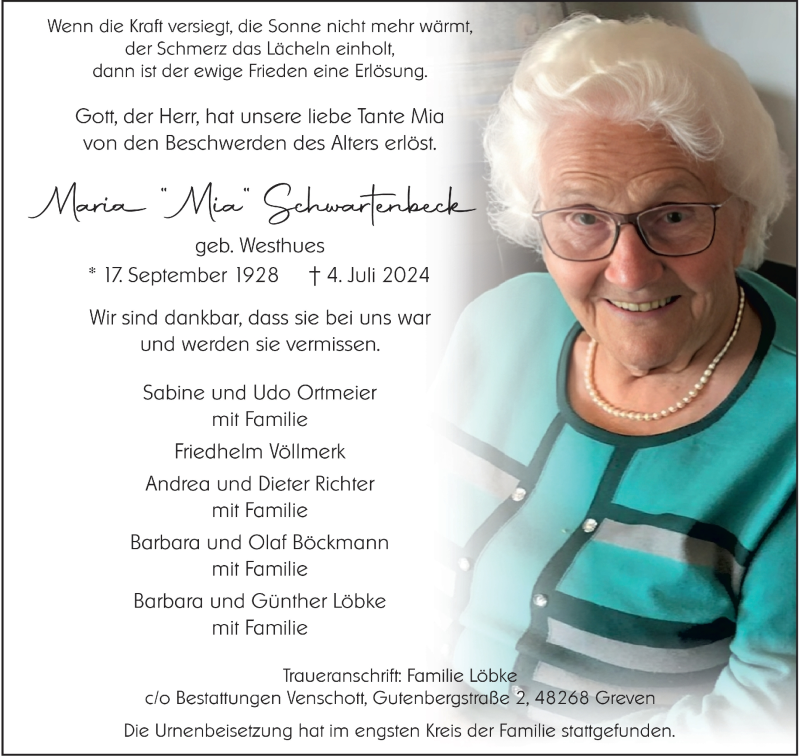  Traueranzeige für Maria Schwartenbeck vom 20.07.2024 aus 