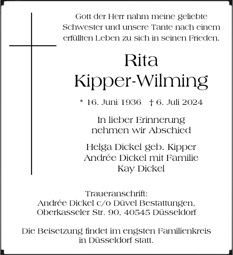  Traueranzeige für Rita Kipper-Wilming vom 13.07.2024 aus 