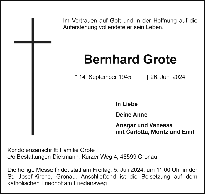  Traueranzeige für Bernhard Grote vom 03.07.2024 aus 