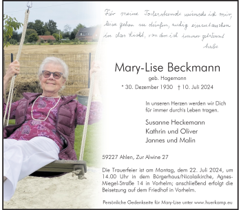 Anzeige von Mary-Lise Beckmann 