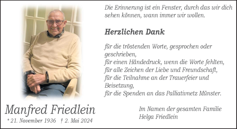  Traueranzeige für Manfred Friedlein vom 06.07.2024 aus 