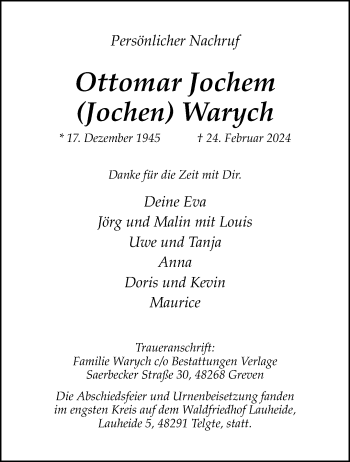 Anzeige von Ottomar Jochem Warych 
