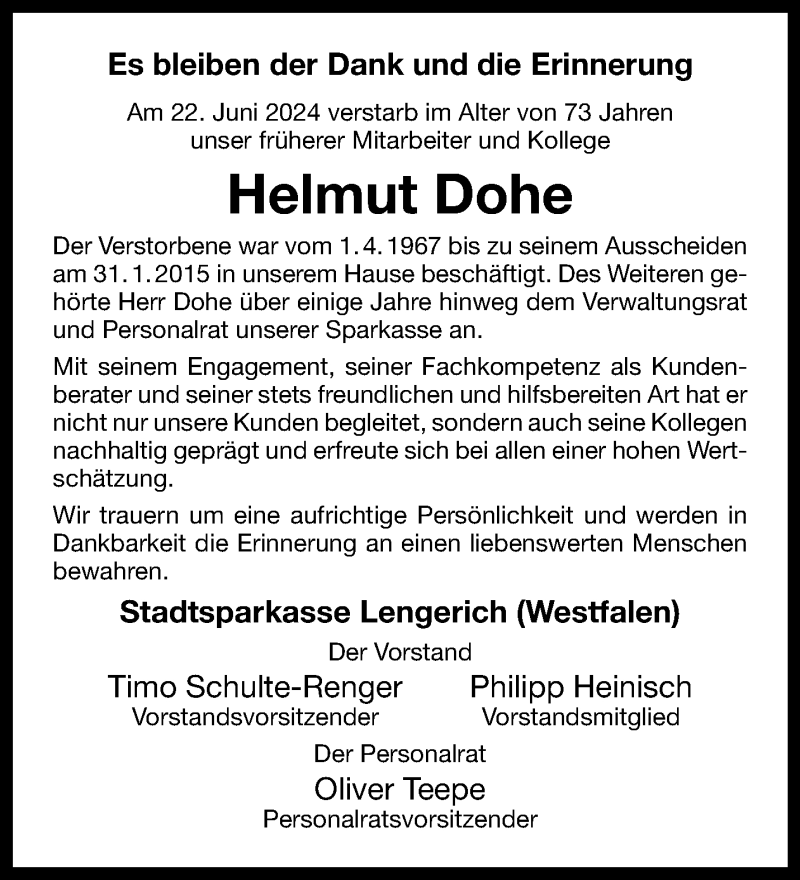  Traueranzeige für Helmut Dohe vom 29.06.2024 aus 