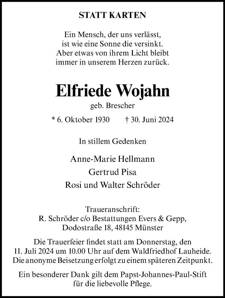  Traueranzeige für Elfriede Wojahn vom 06.07.2024 aus 