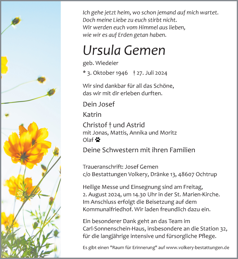  Traueranzeige für Ursula Gemen vom 30.07.2024 aus 