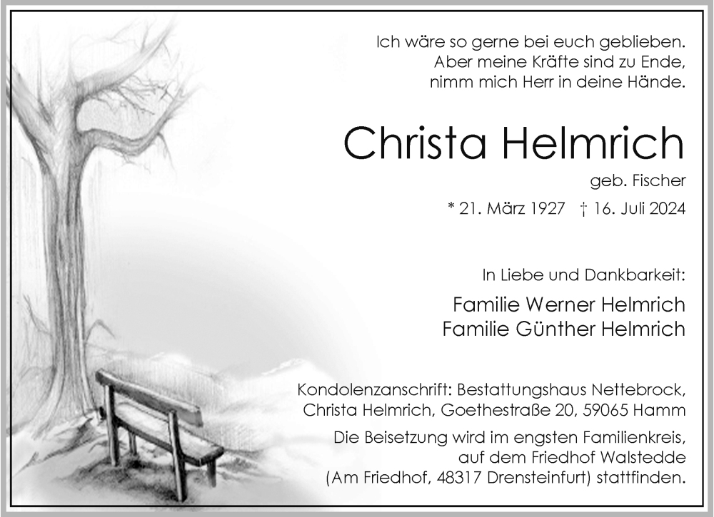 Traueranzeige für Christa Helmrich vom 20.07.2024 aus Westfälische Nachrichten