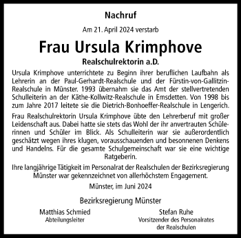 Anzeige von Ursula Krimphove 