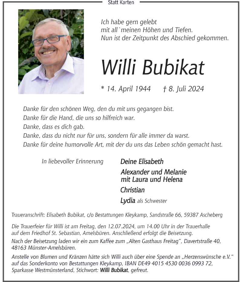 Traueranzeige für Willi Bubikat vom 10.07.2024 aus 