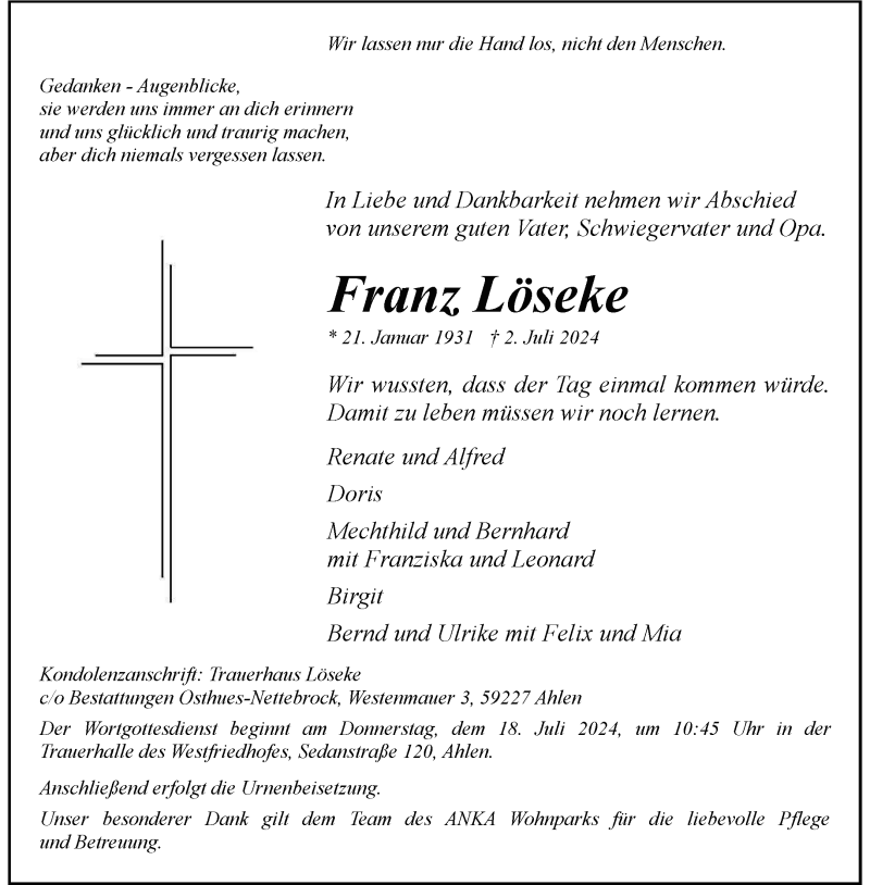  Traueranzeige für Franz Löseke vom 06.07.2024 aus 