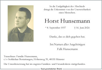 Anzeige von Horst Hunsemann 