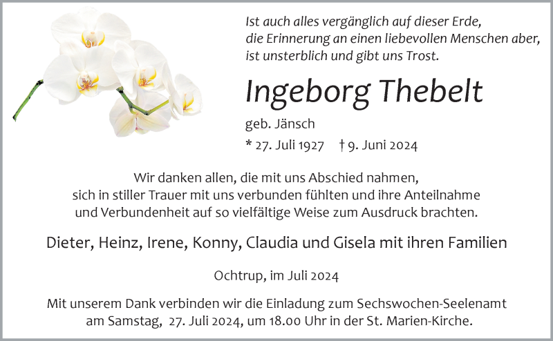  Traueranzeige für Ingeborg Thebelt vom 24.07.2024 aus 