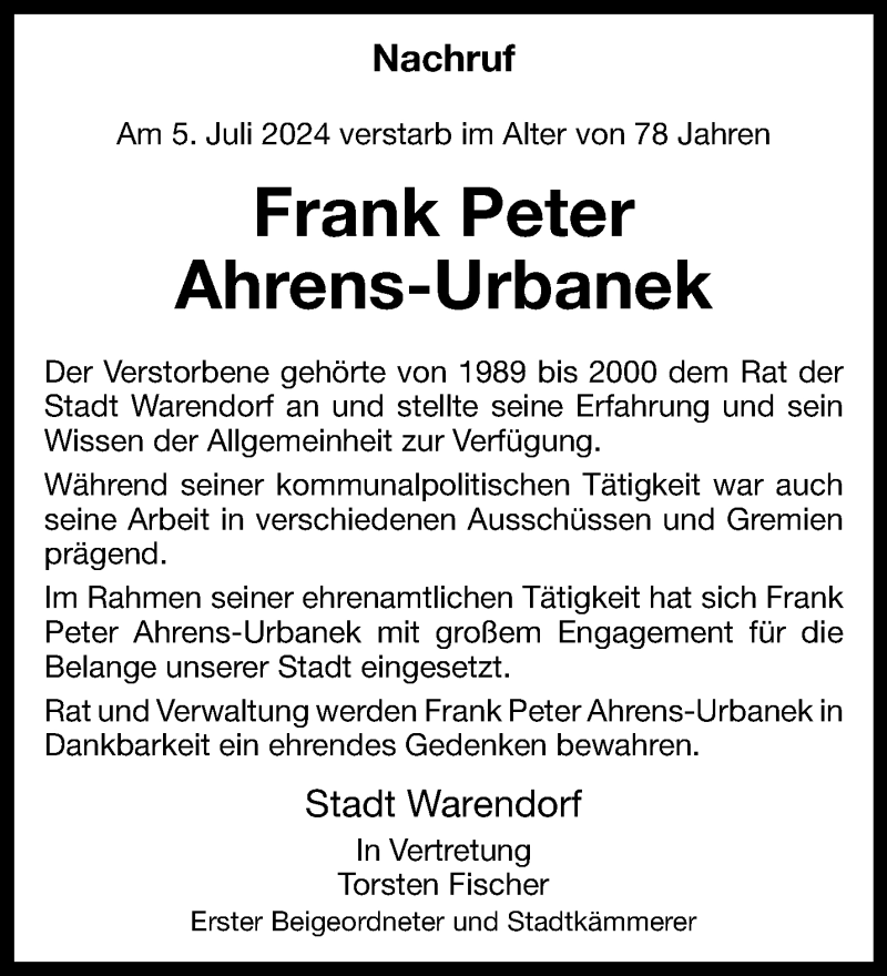  Traueranzeige für Frank Peter Ahrens-Urbanek vom 13.07.2024 aus 