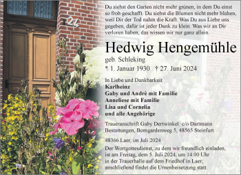 Anzeige von Hedwig Hengemühle 