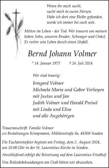 Anzeige von Bernd Johann Volmer 
