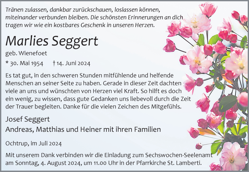  Traueranzeige für Marlies Seggert vom 31.07.2024 aus 