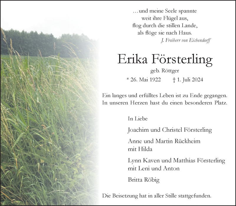  Traueranzeige für Erika Försterling vom 10.07.2024 aus 
