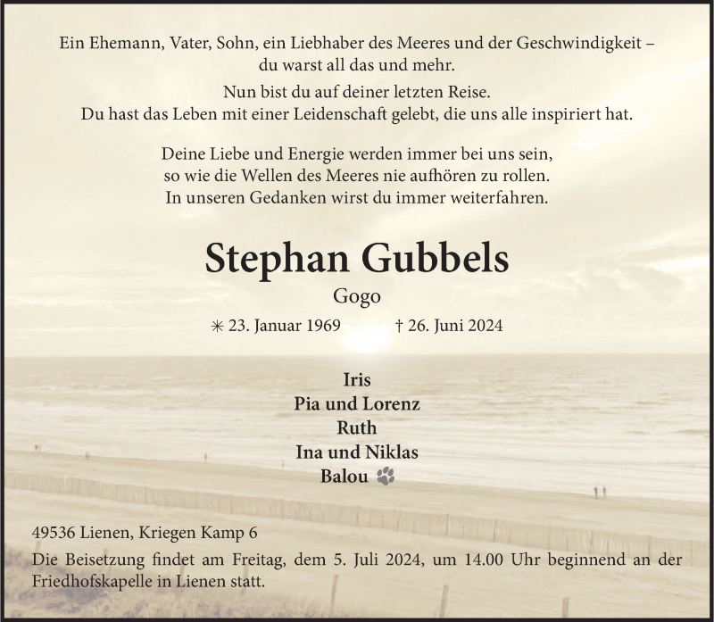  Traueranzeige für Stephan Gubbels vom 03.07.2024 aus 