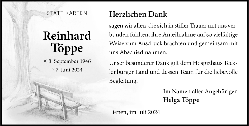  Traueranzeige für Reinhard Töppe vom 20.07.2024 aus 
