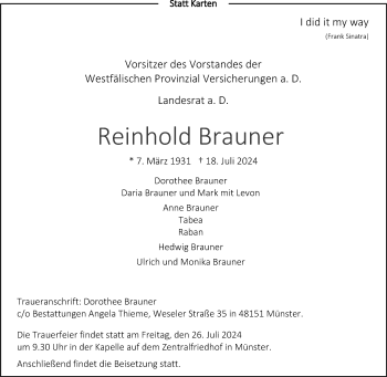 Anzeige von Reinhold Brauner 