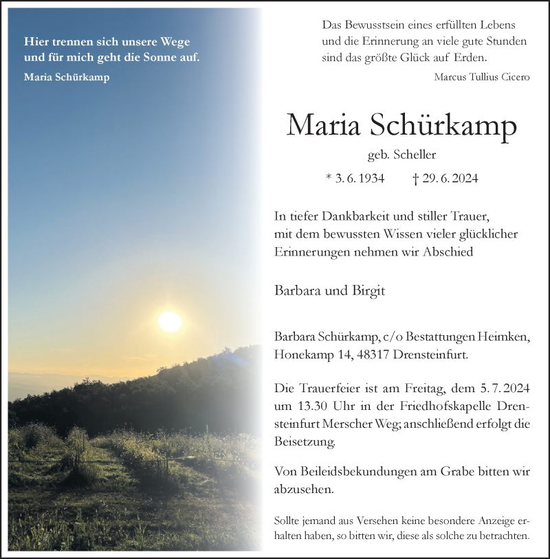  Traueranzeige für Maria Schürkamp vom 03.07.2024 aus 