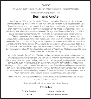 Anzeige von Bernhard Grote 