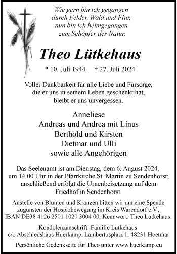 Anzeige von Theo Lütkehaus 
