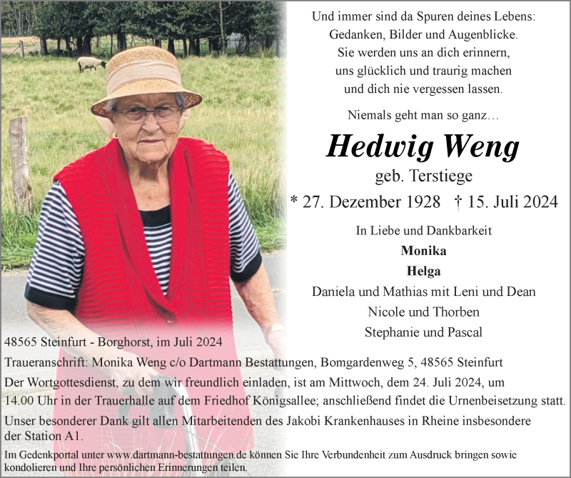  Traueranzeige für Hedwig Weng vom 20.07.2024 aus 