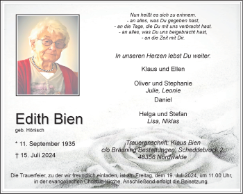 Anzeige von Edith Bien 