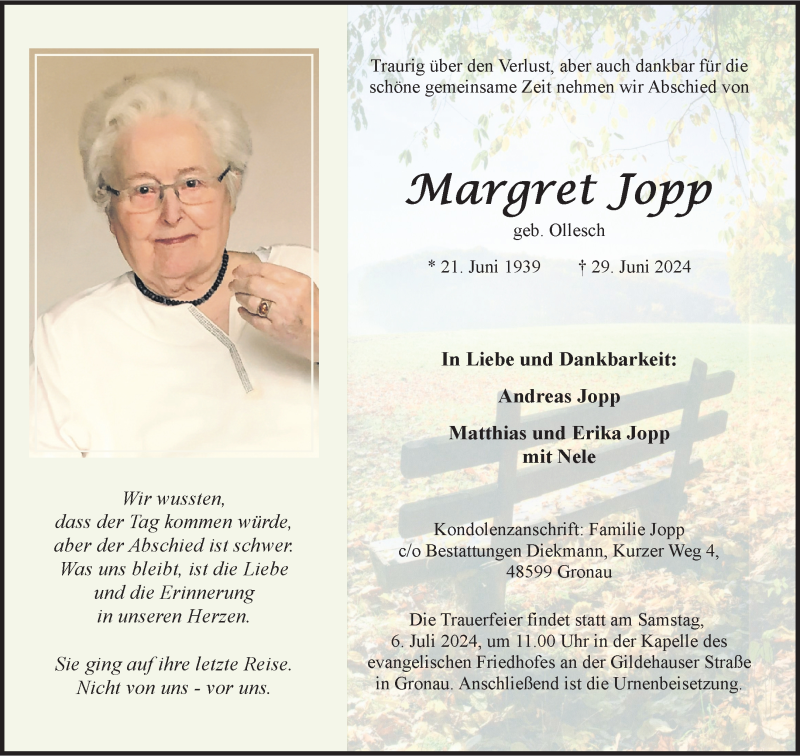  Traueranzeige für Margret Jopp vom 03.07.2024 aus 