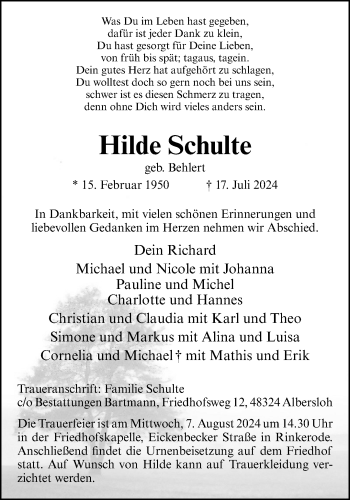Anzeige von Hilde Schulte 