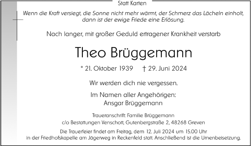  Traueranzeige für Theo Brüggemann vom 06.07.2024 aus 