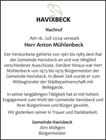 Anzeige von Anton Mühlenbeck 